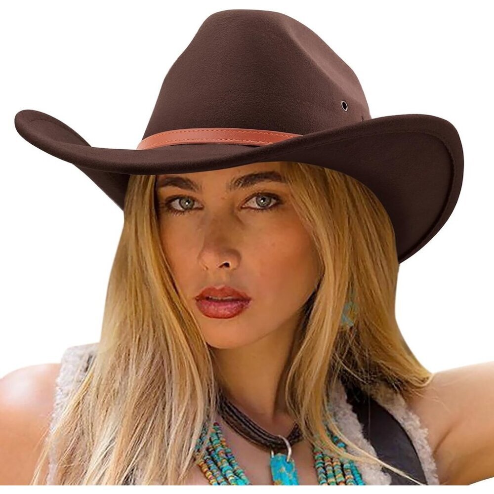 Women's Brown Western With Leather Band Buckle Classic Fedora Cowboy Felt Hat